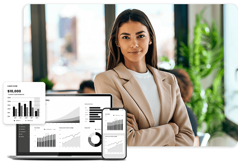 A confident person stands with arms crossed in an office setting. In the foreground, a laptop, tablet, and smartphone display graphs and charts.